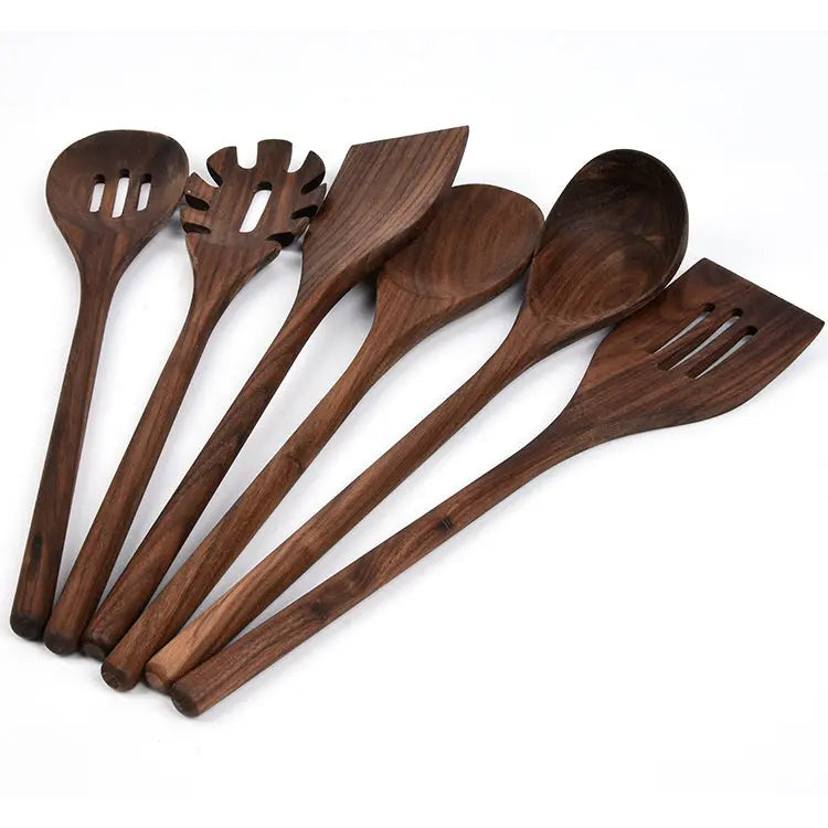 Neues 6-teiliges Küchenutensilienset aus schwarzem Nussbaumholz für den Haushalt, Massivholz, Küche, Kochen, Holzschaufel, Holzlöffel, Kochset Feedback DamnLuxe
