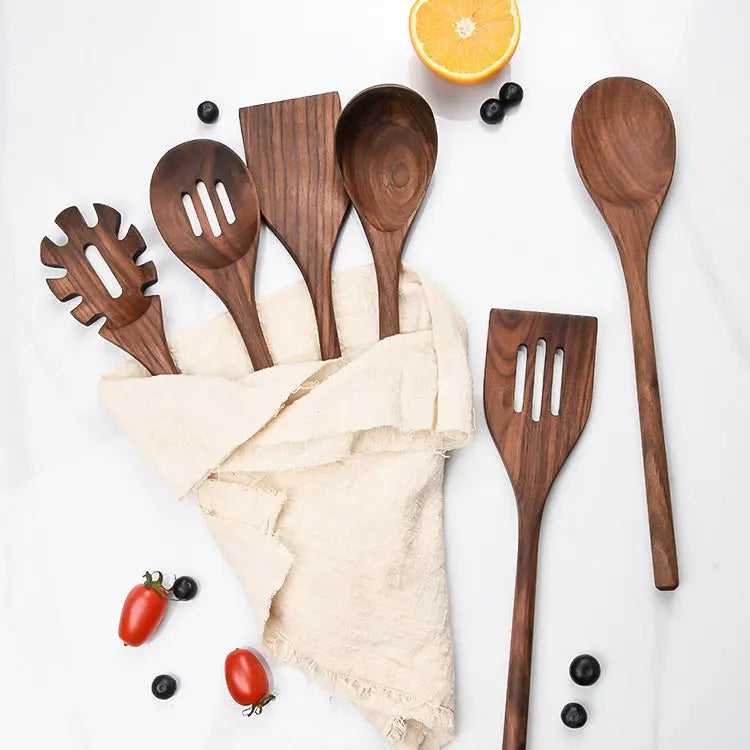 Neues 6-teiliges Küchenutensilienset aus schwarzem Nussbaumholz für den Haushalt, Massivholz, Küche, Kochen, Holzschaufel, Holzlöffel, Kochset Feedback DamnLuxe