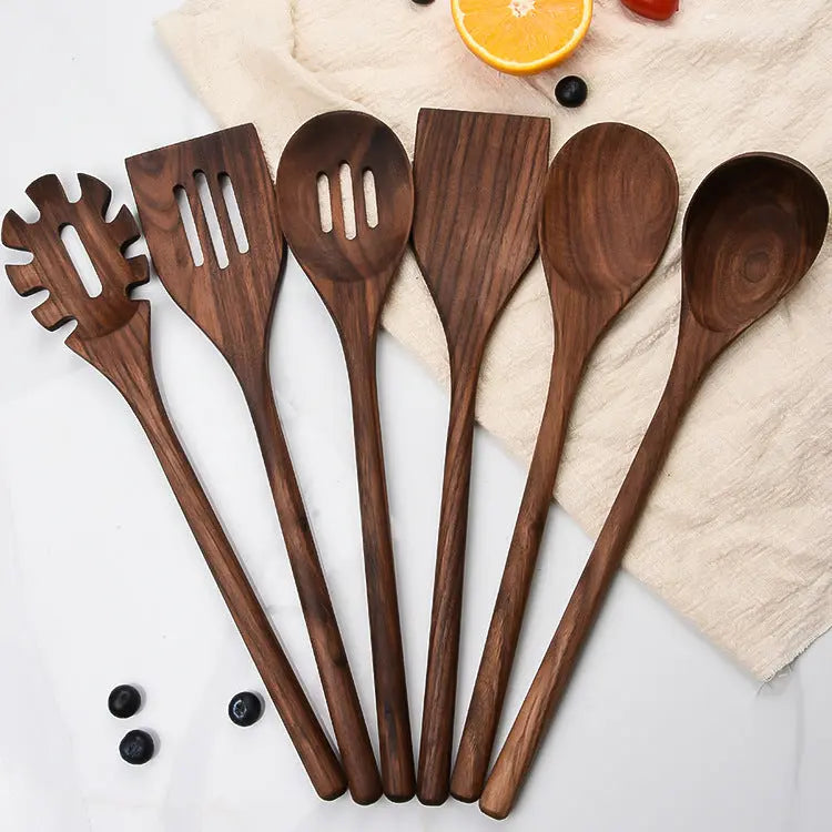 Neues 6-teiliges Küchenutensilienset aus schwarzem Nussbaumholz für den Haushalt, Massivholz, Küche, Kochen, Holzschaufel, Holzlöffel, Kochset Feedback DamnLuxe