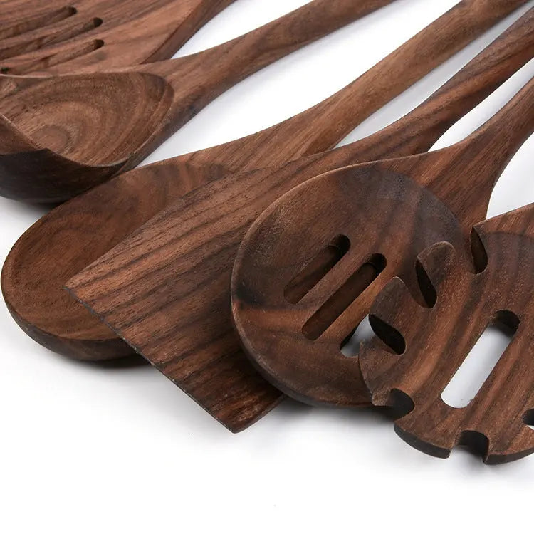 Neues 6-teiliges Küchenutensilienset aus schwarzem Nussbaumholz für den Haushalt, Massivholz, Küche, Kochen, Holzschaufel, Holzlöffel, Kochset Feedback DamnLuxe
