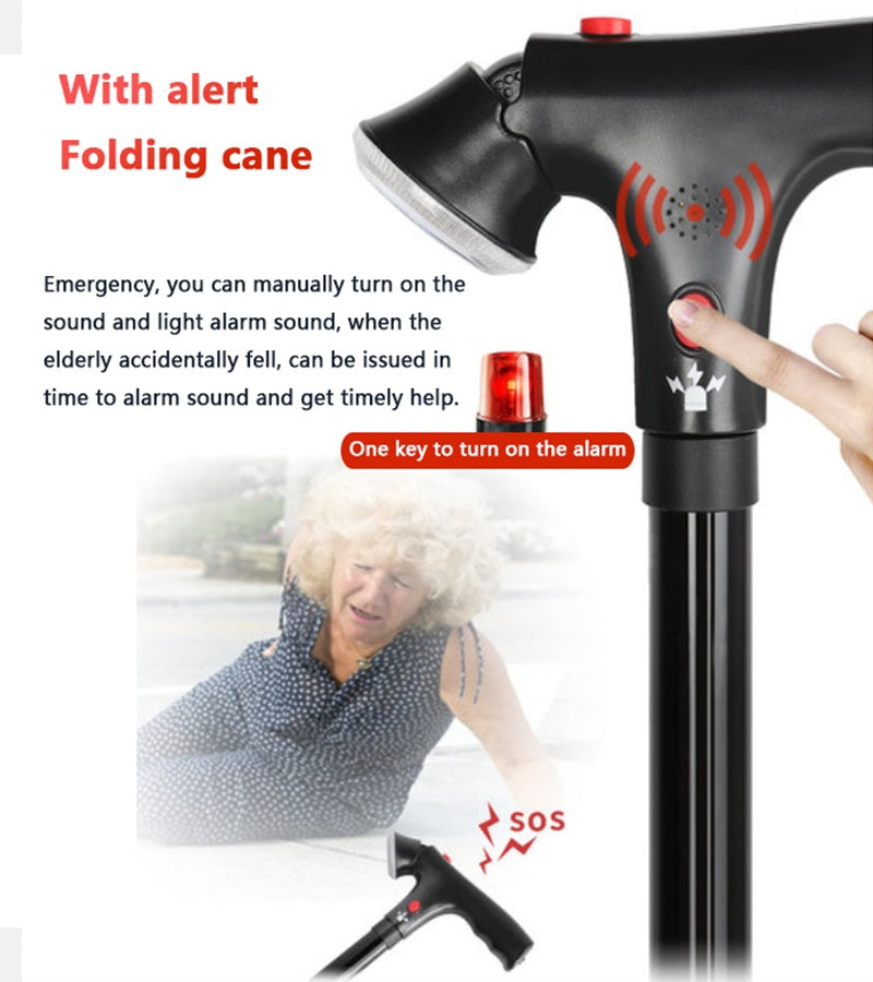 Gehstock mit LED-Alarm für Damen und Herren, höhenverstellbar, faltbar, 5-stufig DamnLuxe