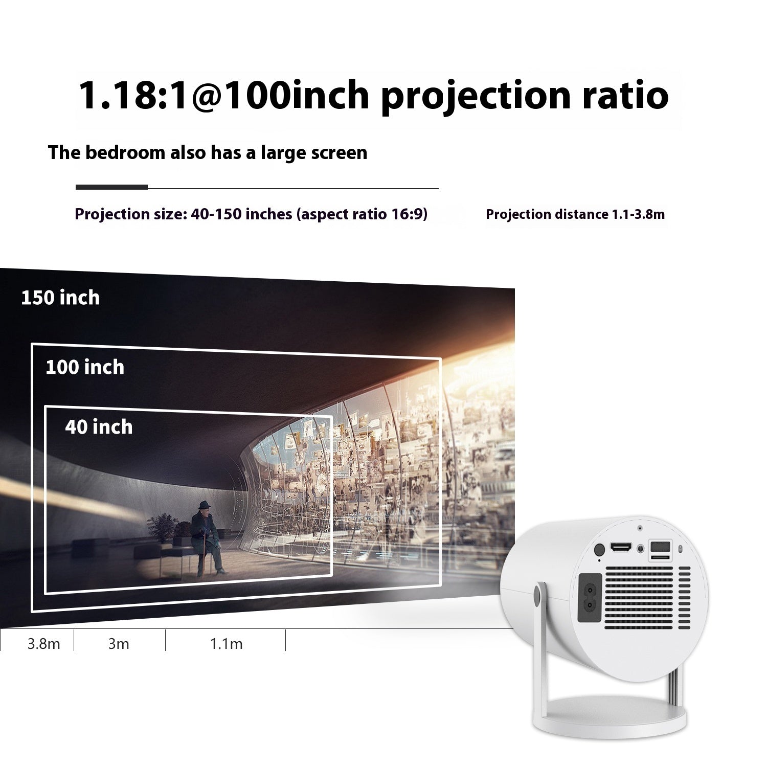 Tragbarer Projektor, kleiner gerader Projektor für den Heimgebrauch, 180-Grad-Projektionswinkel, automatischer Fokus, Heimvideoprojektor DamnLuxe
